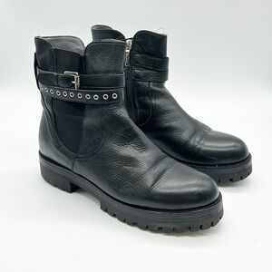 4US Cesare Paciotti Black Buckle Boots Women's EU 40 Leather Side Zip